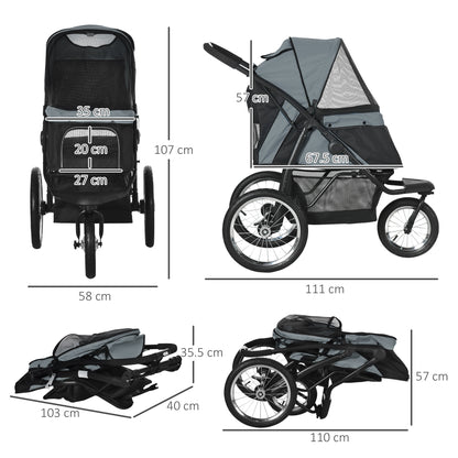Pet Stroller Jogger for Medium, Small Dogs, Foldable Cat Pram Dog Pushchair w/ Adjustable Canopy, 3 Big Wheels - Grey