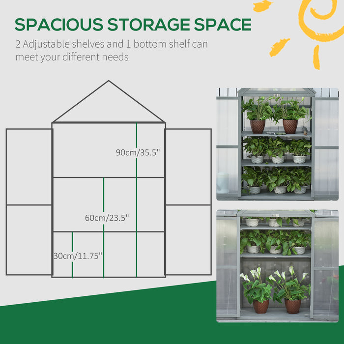 3-Tier Wooden Cold Frame Greenhouse Garden Polycarbonate Grow House w/ Adjustable Shelves, Double Doors, 80 x 47 x 138cm, Grey