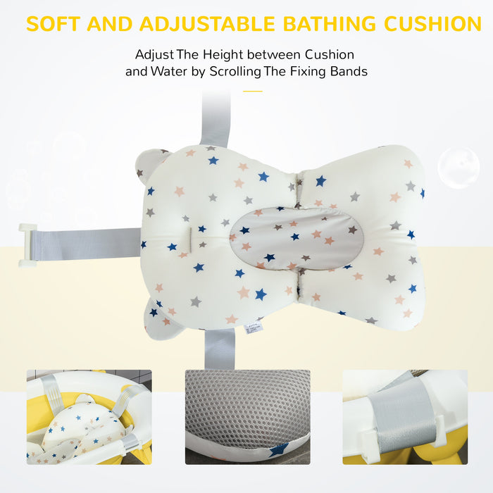 Collapsible Baby Bath Tub Foldable Ergonomic w/ Cushion Temperature Sensitive Water Plug Non-Slip Support Leg Portable for 0-3 Years, Yellow