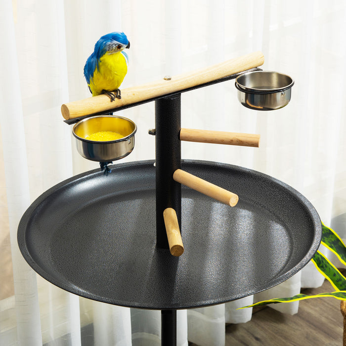 Metal Bird Table Play Stand, Bird Feeder Station Parrot Perch with Four Wheels Feeding Bowls Round Tray