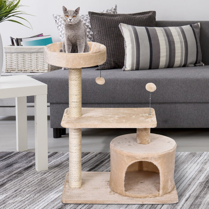 Mult Level Cat Tree for Indoor Cats with Scratching Post Bed Condo Perch, Kitten Climbing Tower, Beige 60L x 40W x 81H cm