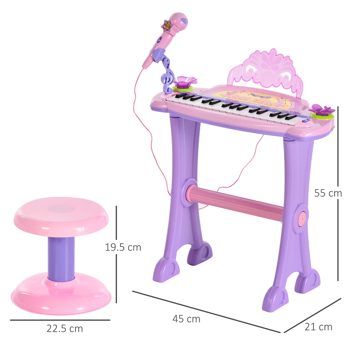 Mini Electronic Organ Piano W/Microphone and Stool-Purple/Pink