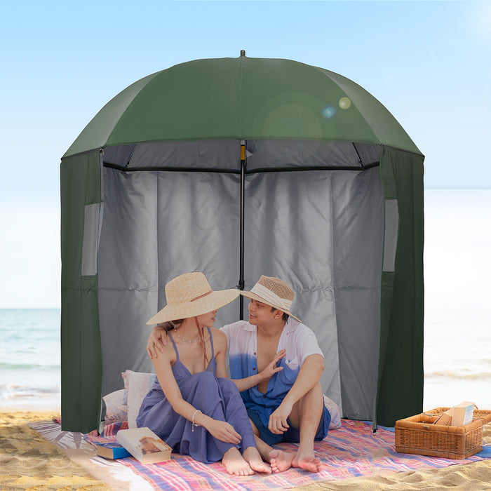 2m Beach Parasol Fishing Umbrella Brolly with Sides and Push Botton Tilt Sun Shade Shelter with Carry Bag, UV30+, Green