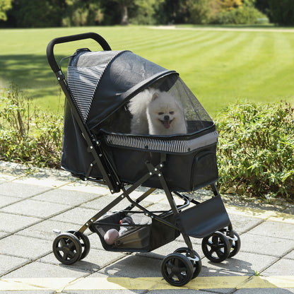 Pet Stroller Dog Cat Travel Pushchair Foldable Jogger with Reversible Handle EVA Wheel Brake Basket Adjustable Canopy Safety Leash for Small Dogs, Black