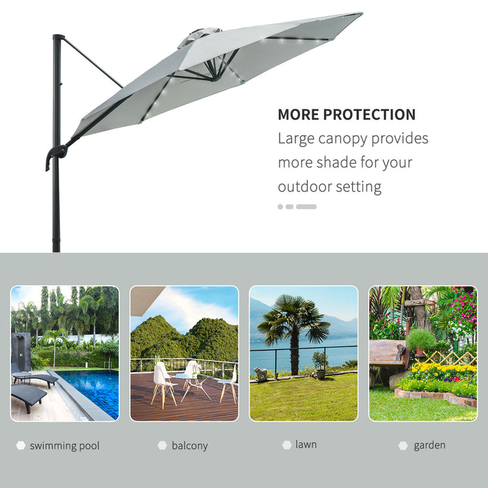 3(m) Cantilever Roma Parasol Patio Sun Umbrella with LED Solar Light Cross Base 360° Rotating Outdoor, Grey