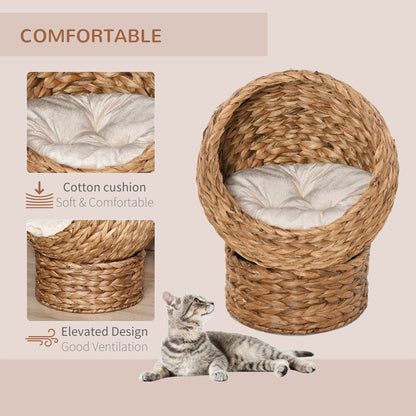 Wicker Cat House, Raised Cat Bed with Cylindrical Base, Soft Washable Cushion, Woven Water Hyacinth Cat Basket for Indoor and Outdoor, 50 x 42 x 60 cm - Brown