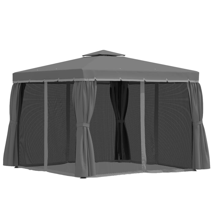 Outsunny 3 x 3(m) Patio Gazebo Canopy Garden Pavilion Tent Shelter Marquee with 2 Tier Water Repellent Roof, Mosquito Netting and Curtains, Aluminium Frame, Grey