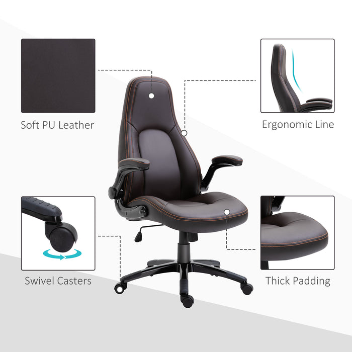 PU Leather Office Chair, Swivel Computer Desk Chair with Adjustable Height, Flip Up Armrests and Tilt Function, Dark Brown