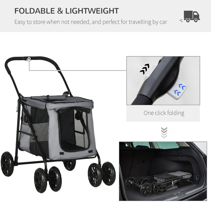 One-Click Foldable Pet Stroller, Dog Cat Travel Pushchair w/ EVA Wheels, Storage Bags, Mesh Windows, Doors, Safety Leash, Cushion, for Small Pets - Grey