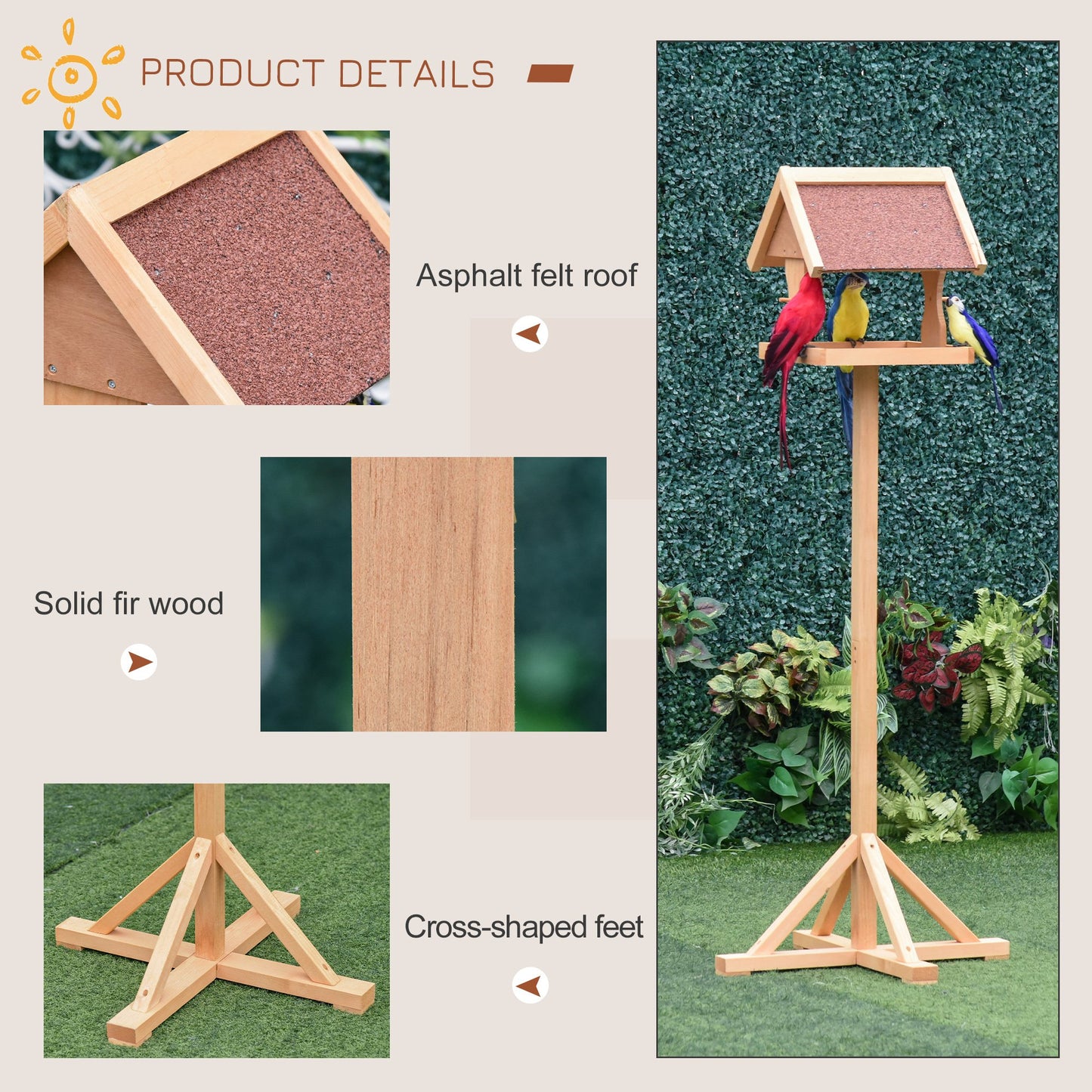 Wooden Bird Table Wild Bird Feeding Station Freestanding Feeder for Garden Outdoor 55 x 55 x 144cm