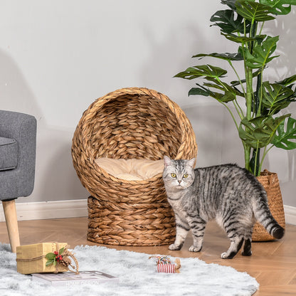 Wicker Cat House, Raised Cat Bed with Cylindrical Base, Soft Washable Cushion, Woven Water Hyacinth Cat Basket for Indoor and Outdoor, 50 x 42 x 60 cm - Brown