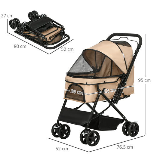 Pet Stroller Dog Cat Travel Pushchair Foldable Jogger with Reversible Handle EVA Wheel Brake Basket Adjustable Canopy Safety Leash for Small Dogs, Light Brown