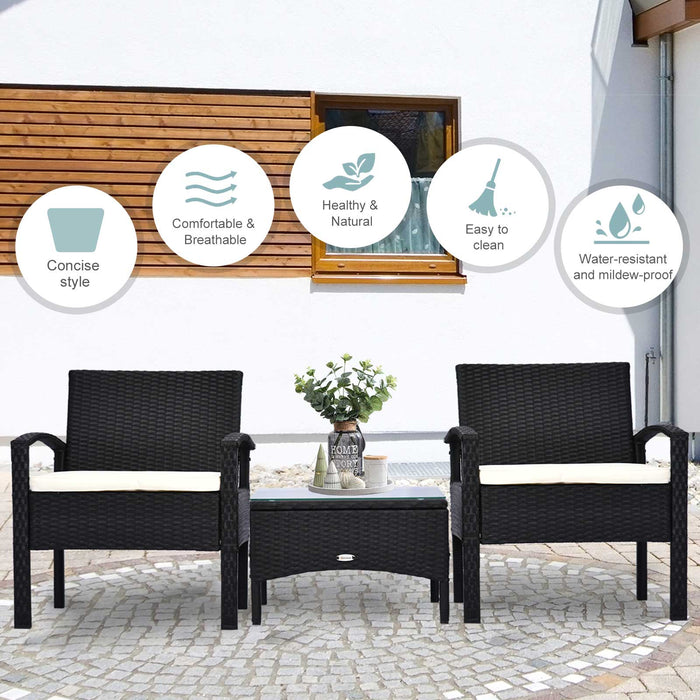 Outsunny 3 Pieces Outdoor Rattan Bistro Set, Patio Wicker Balcony Furniture, Conservatory Sofa Sets w/ Coffee Table and Cushioned Chair, Black