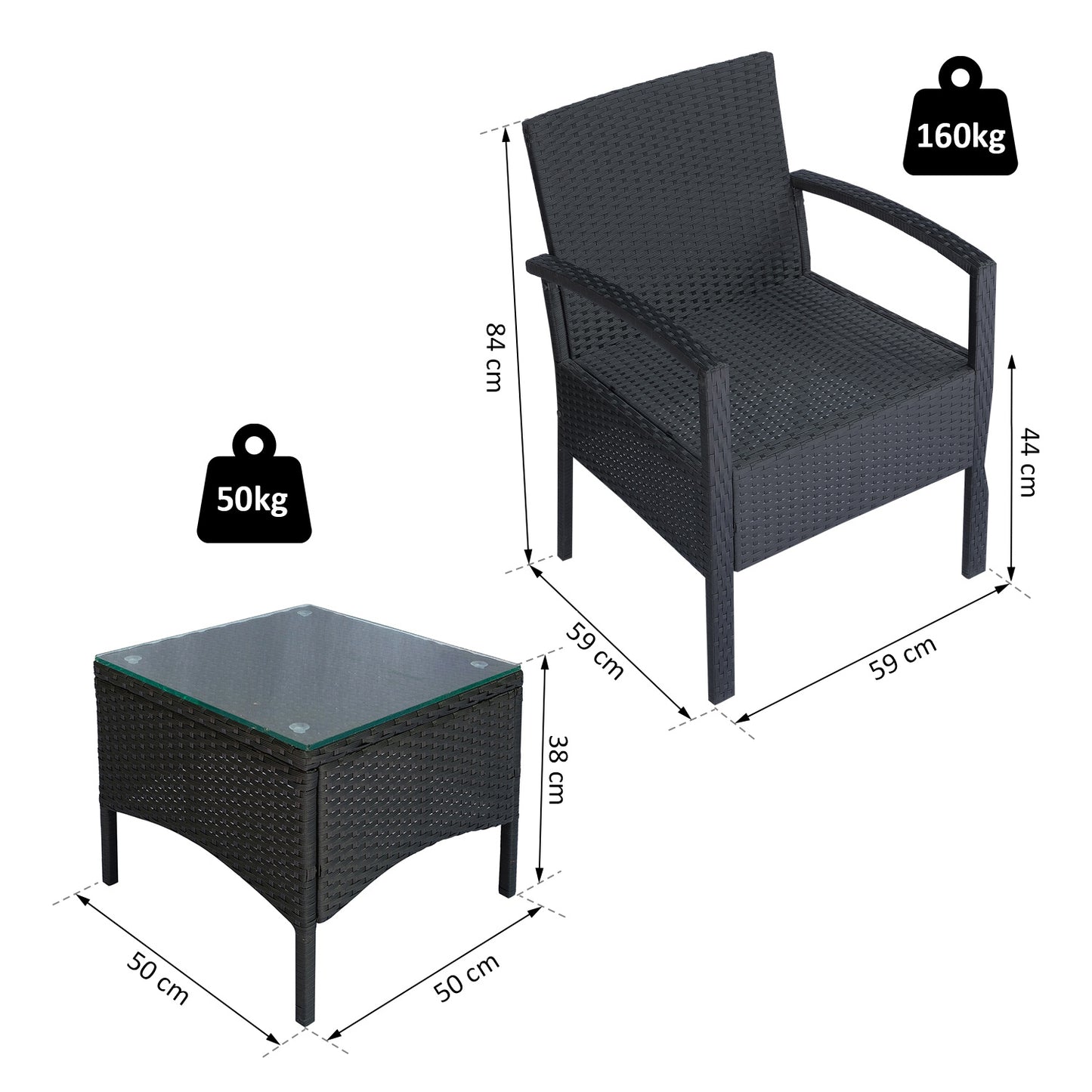 Outsunny 3 Pieces Outdoor Rattan Bistro Set, Patio Wicker Balcony Furniture, Conservatory Sofa Sets w/ Coffee Table and Cushioned Chair, Black