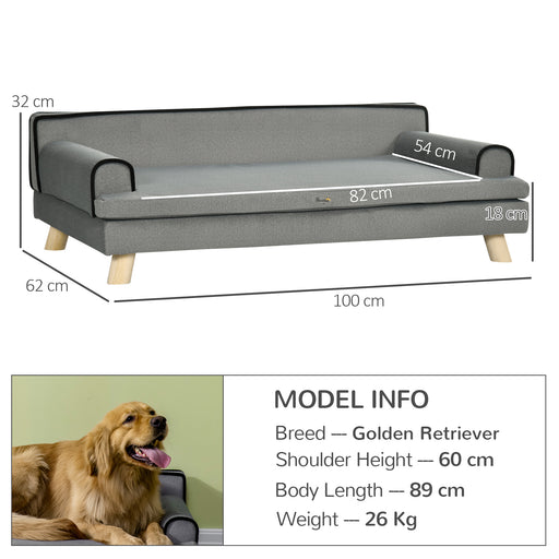 Dog Sofa with Legs Water-resistant Fabric, Pet Chair Bed for Large, Medium Dogs, Grey, 100 x 62 x 32 cm