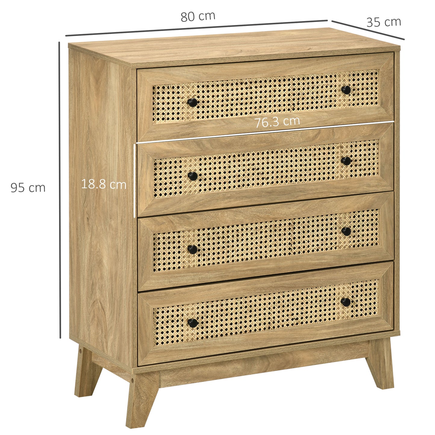 Warehouse Clearance - Storage Cabinet, 4-Drawer Unit with Rattan Element for Bedroom, Living Room, 80cmx35cmx95cm, Wood Effect