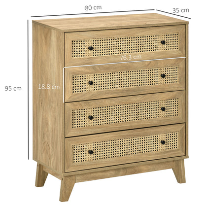 Warehouse Clearance - Storage Cabinet, 4-Drawer Unit with Rattan Element for Bedroom, Living Room, 80cmx35cmx95cm, Wood Effect