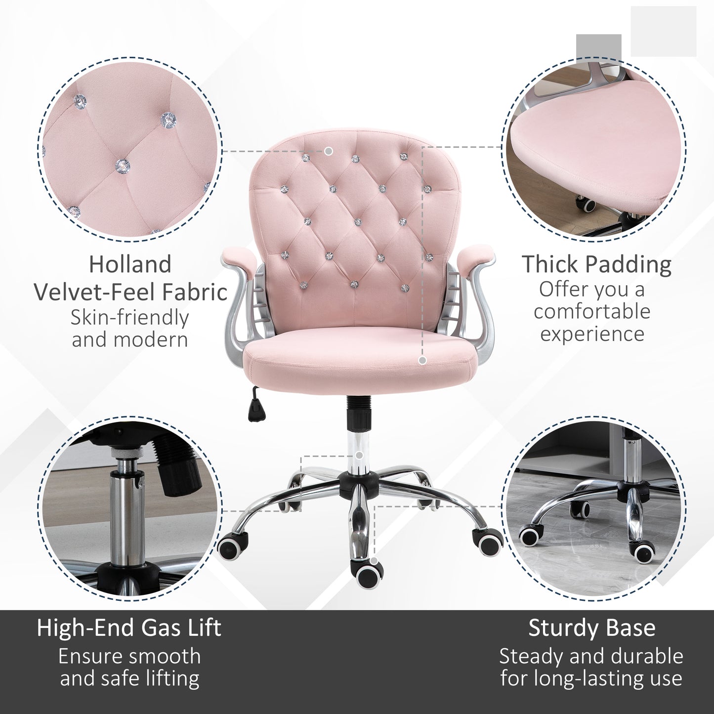 Vinsetto Office Chair Ergonomic 360¬¨‚àû Swivel Diamond Tufted Home Work Velour Padded Base 5 Castor Wheels Pink