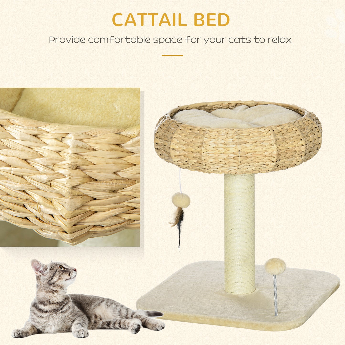 51cm Cat Tree, Kitty Activity Center, Cat Climbing Toy, Cat Tower w/ Cattail Bed, Toy Ball, Scratching Post - Beige
