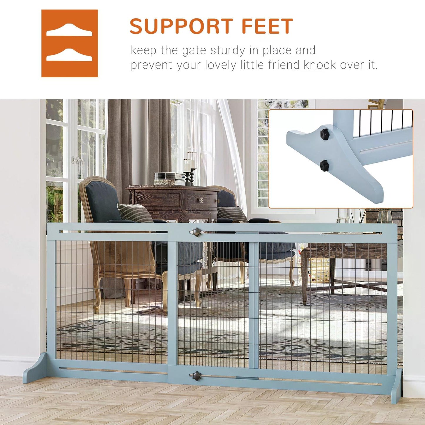 Freestanding Dog Gate, Foldable Pet Fence, Indoor Wood Barrier, Stair Gate with Support Feet, for Doorway, Hallway, Small and Medium Dogs, 69H x 104-183 cm, Blue-grey