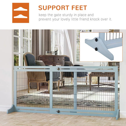 Freestanding Dog Gate, Foldable Pet Fence, Indoor Wood Barrier, Stair Gate with Support Feet, for Doorway, Hallway, Small and Medium Dogs, 69H x 104-183 cm, Blue-grey