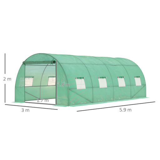 6 x 3 m Large Walk-In Greenhouse Garden Polytunnel Greenhouse with Steel Frame, Zippered Door and Roll Up Windows, Green