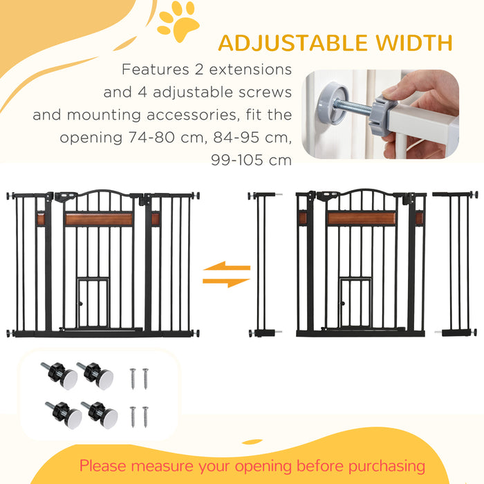 Dog Gate with Cat Flap Pet Safety Gate, Auto Close Double Locking Pine Wood Decoration, for Doorways Stairs Indoor, 74-105 cm Wide, Black