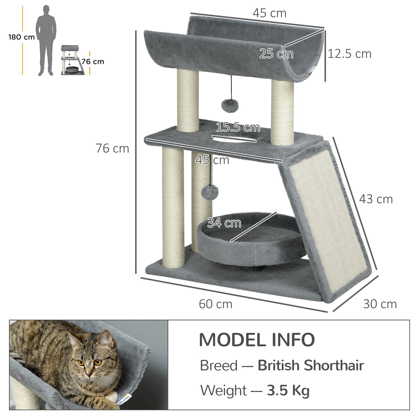 Cat Tree for Indoor Cats with Scratching Posts Pad, Kitten Tower with Bed Perch Ball Toy, 60 x 30 x 76 cm, Light Grey