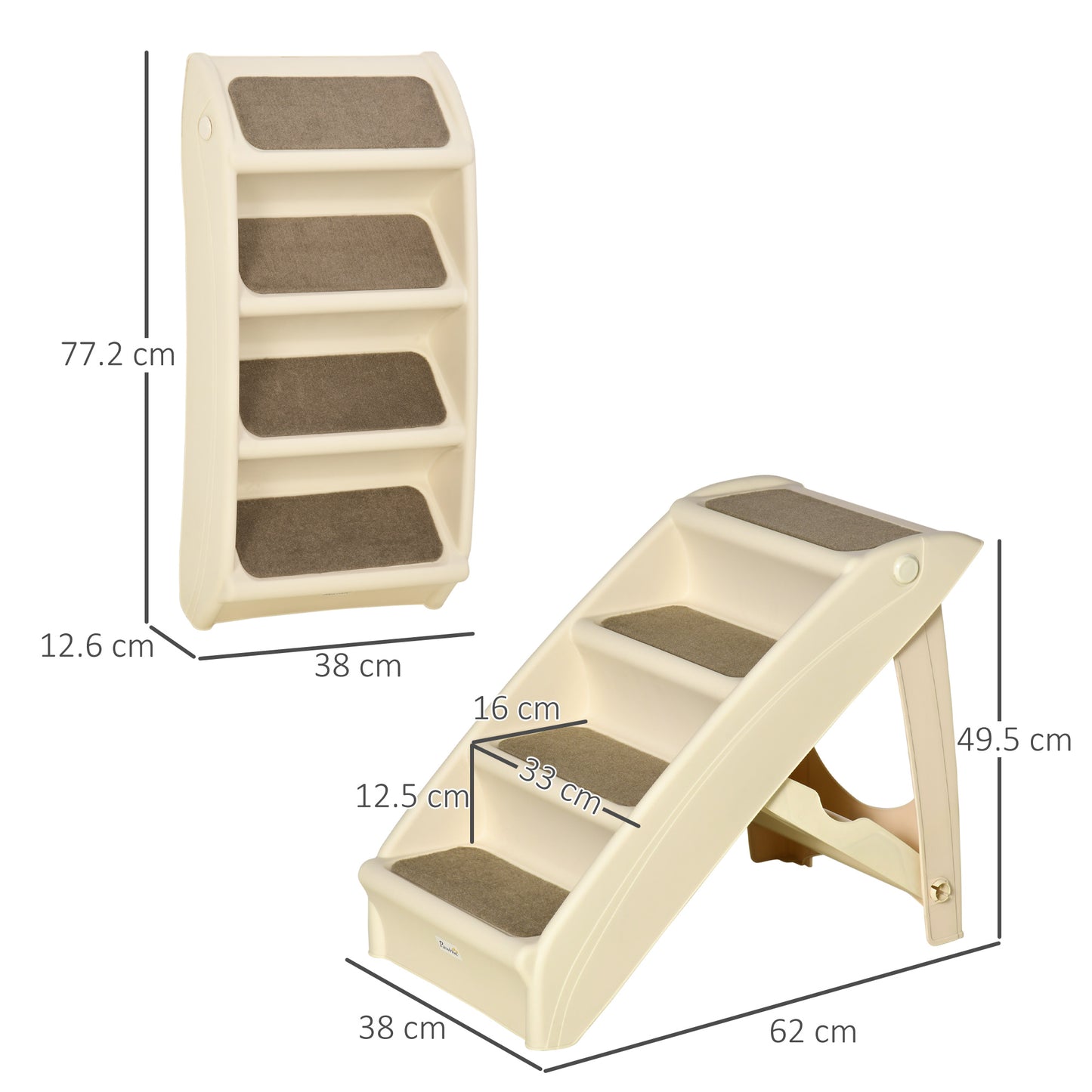 Foldable Pet Stairs Portable Dog Steps for Sofa, Bed, Four-Step Design for Cats, Small Miniature Dogs w/ Non-Slip Mats - Beige, 62 x 38 x 49.5cm