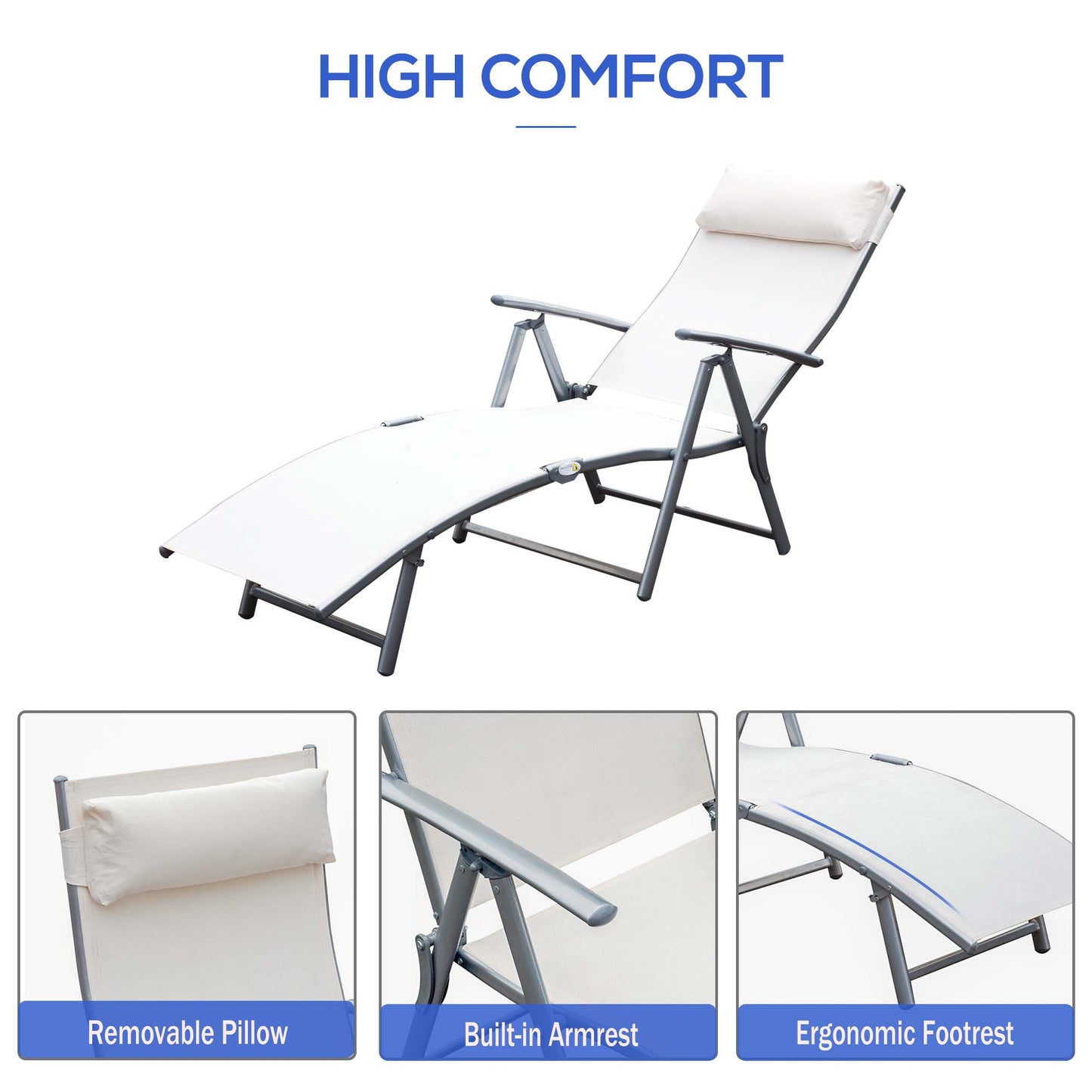 Garden Lounger Steel Frame Outdoor Folding Chaise Lounger with Headrest & 7 Levels Adjustable Backrest, 81.5L x 20.5W x 64.5H, Cream White