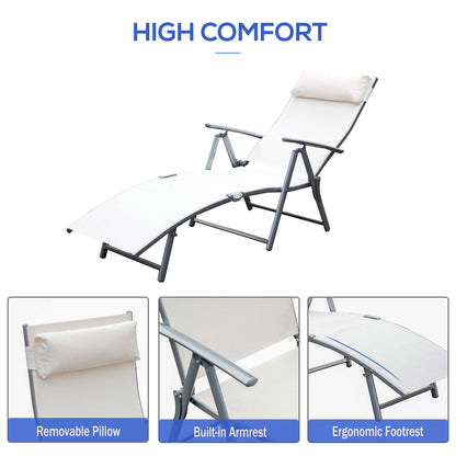 Garden Lounger Steel Frame Outdoor Folding Chaise Lounger with Headrest & 7 Levels Adjustable Backrest, 81.5L x 20.5W x 64.5H, Cream White
