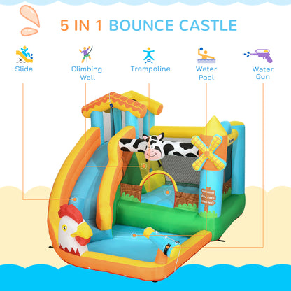 5 in 1 Kids Bouncy Castle Farm Style Inflatable House with Slide Trampoline Pool Water Cannon Climbing Wall with Inflator Carrybag