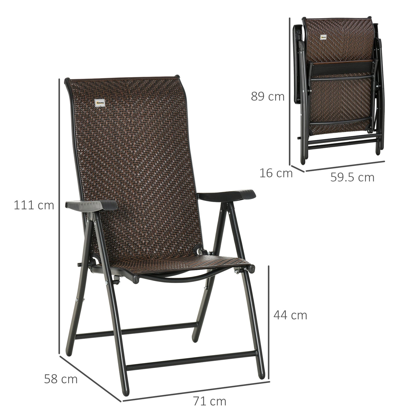 Outsunny Set of 2 Outdoor Wicker Folding Chairs, Patio PE Rattan Dining Armrests Chair set with 7 Levels Adjustable Backrest, for Outdoors, Camping, Red Brown