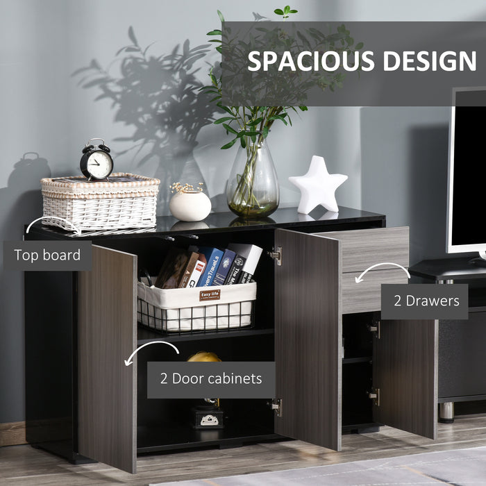 High Gloss Sideboard, Side Cabinet, Push-Open Design with 2 Drawer for Living Room, Bedroom, Light Grey and Black