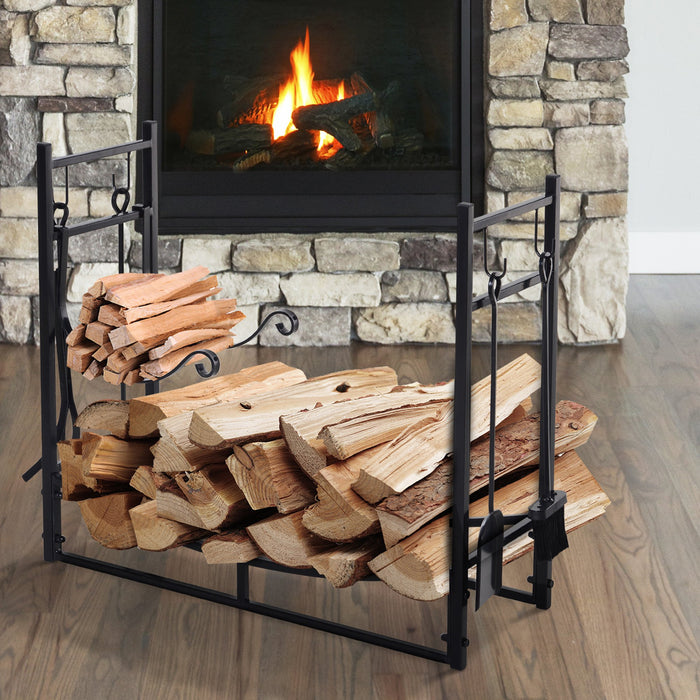 Firewood Stand Log Rack Holder 84cm with 4-PC Fireplace Tools Set, Indoor Outdoor, Metal, Black