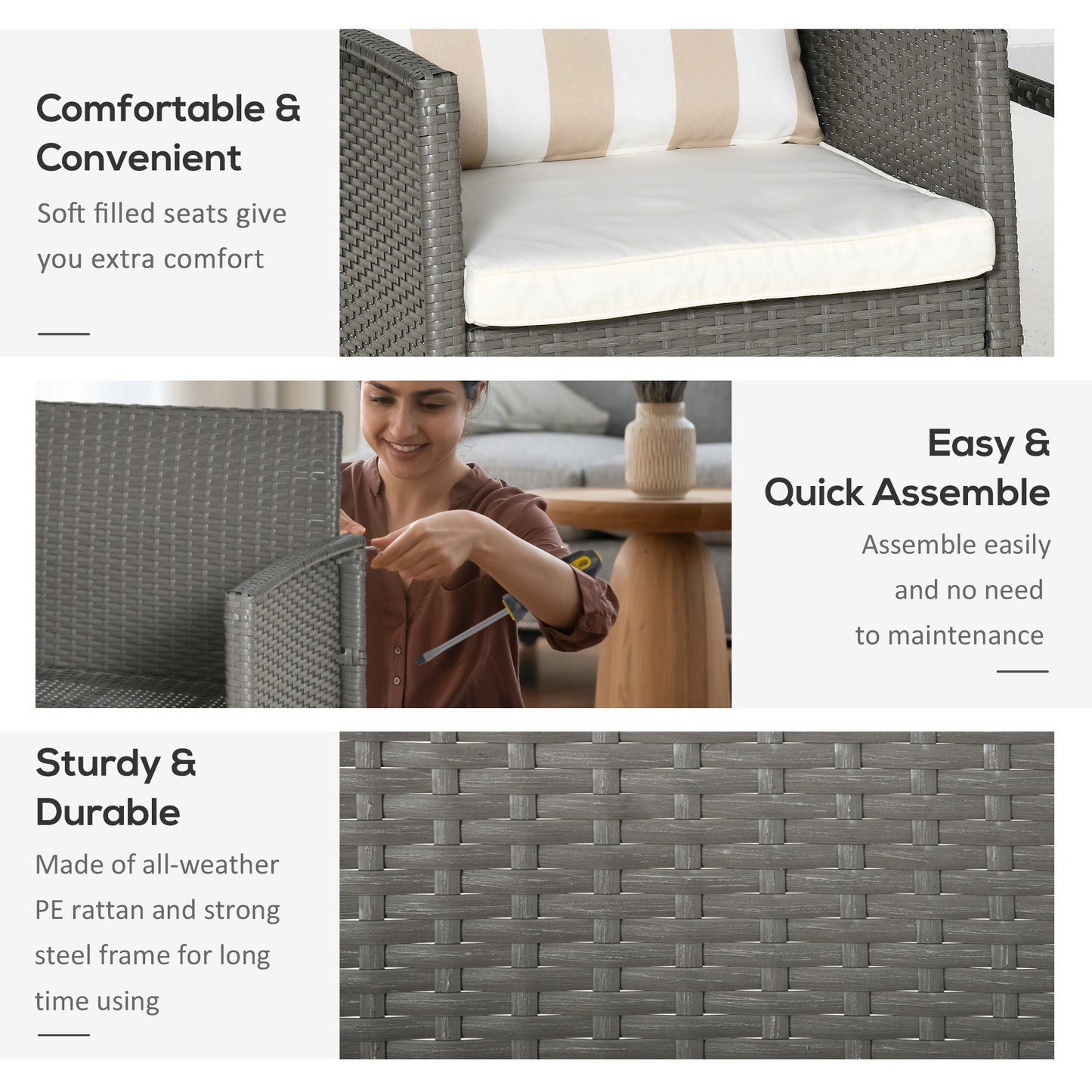 Rattan Garden Furniture 3 Pieces Patio Bistro Set Wicker Weave Conservatory Sofa Chair & Table Set with Cushion Pillow - Light Grey