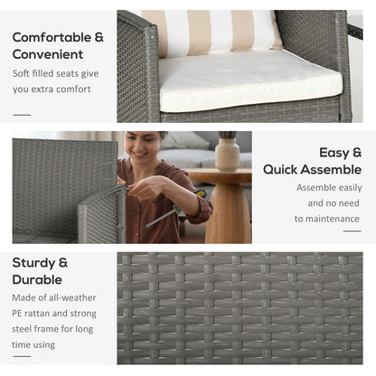 Rattan Garden Furniture 3 Pieces Patio Bistro Set Wicker Weave Conservatory Sofa Chair & Table Set with Cushion Pillow - Light Grey