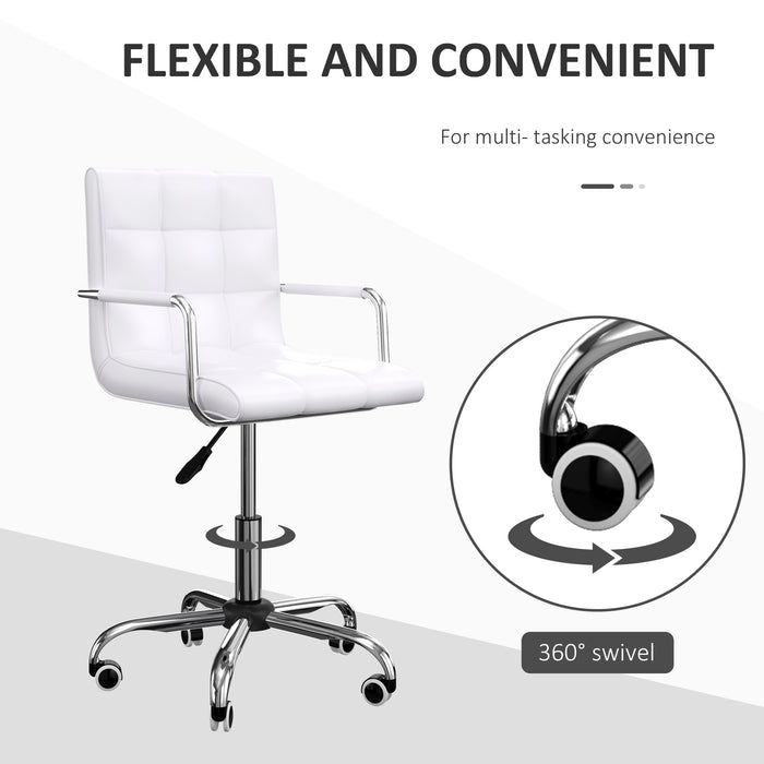 Mid Back PU Leather Home Office Desk Chair Swivel Computer Chair with Arm, Wheels, Adjustable Height, White