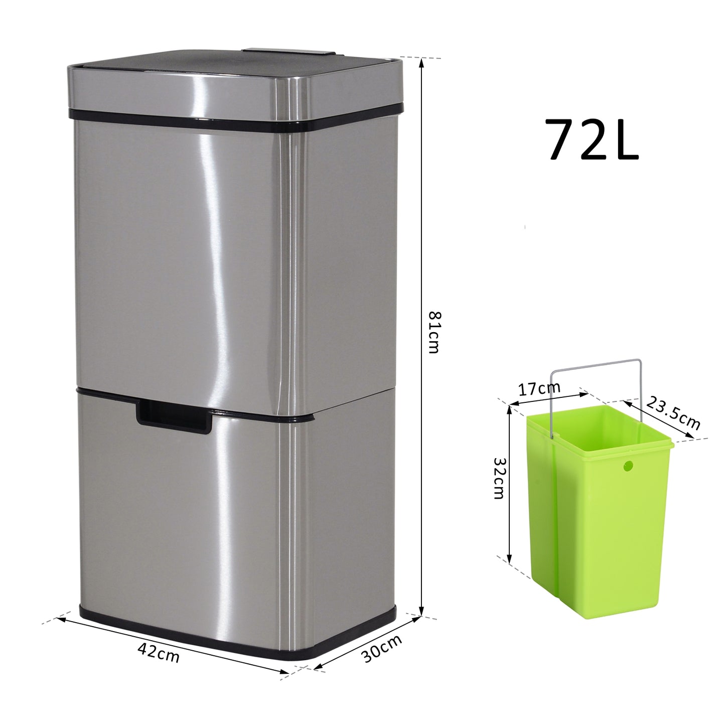 72L Stainless Steel Sensor Bin With 3 Compartments For Both Wet/Dry Waste