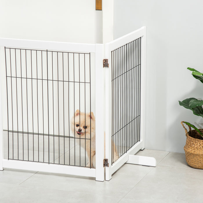 Freestanding Pet Gate 4 Panel Wooden Dog Barrier Foldable Safety Fence with Support Feet 264cm Long 77cm Tall for Doorway Stairs White