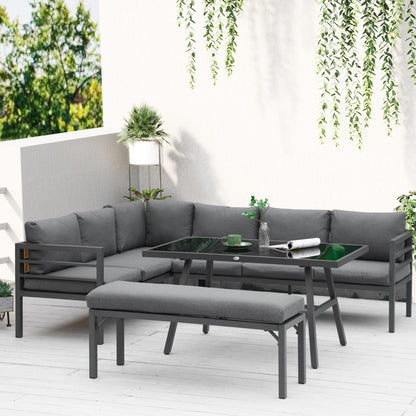 L-shaped Garden Furniture Set 8-Seater Aluminium Outdoor Dining Set Conversation Sofa Set w/ Bench, Dining Table & Cushions,¬†Grey
