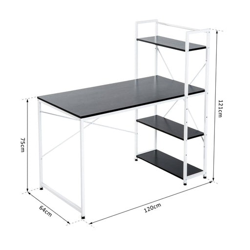 Computer Desk PC Table Study Workstation Home Office with 4-tier Bookshelf Storage Metal Frame Wooden Top (Black & White)