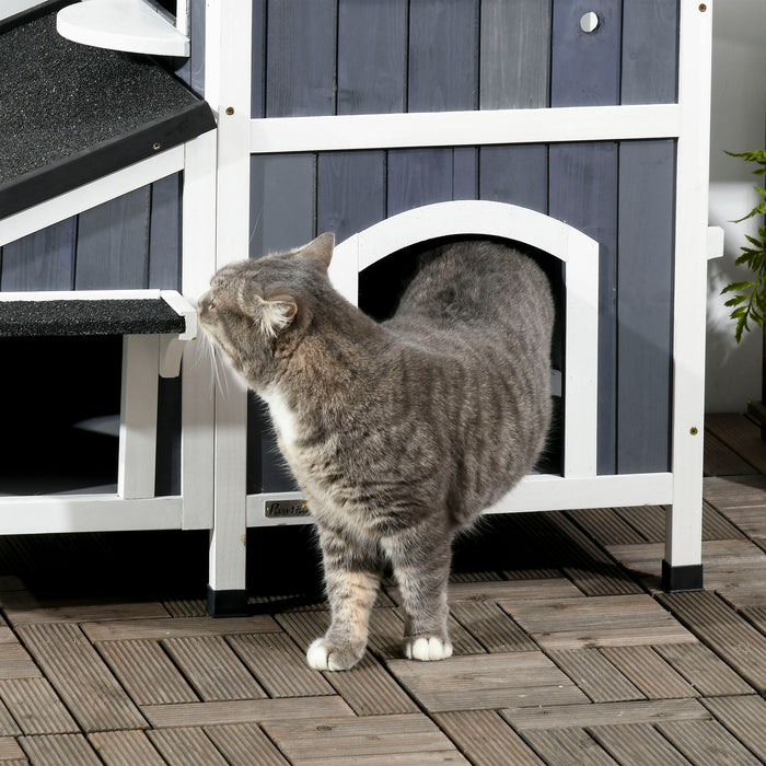 Wooden Outdoor Cat House with Flower Pot, Windows, Multiple Entrances, Water-Resistant Roof - Grey