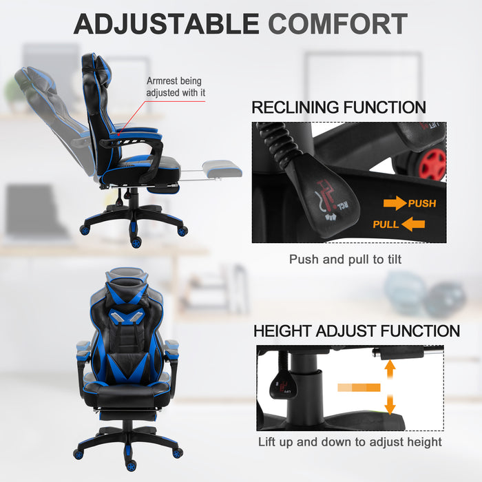 Ergonomic Racing Gaming Chair Office Desk Chair Adjustable Height Recliner with Wheels, Headrest, Lumbar Support, Retractable Footrest Blue