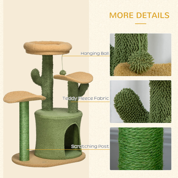 Cactus Cat Tree 83cm Cat Climbing Tower Kitten Activity Centre w/ Cat House, Bed, Sisal Scratching Post, Hanging Toy Ball - Green