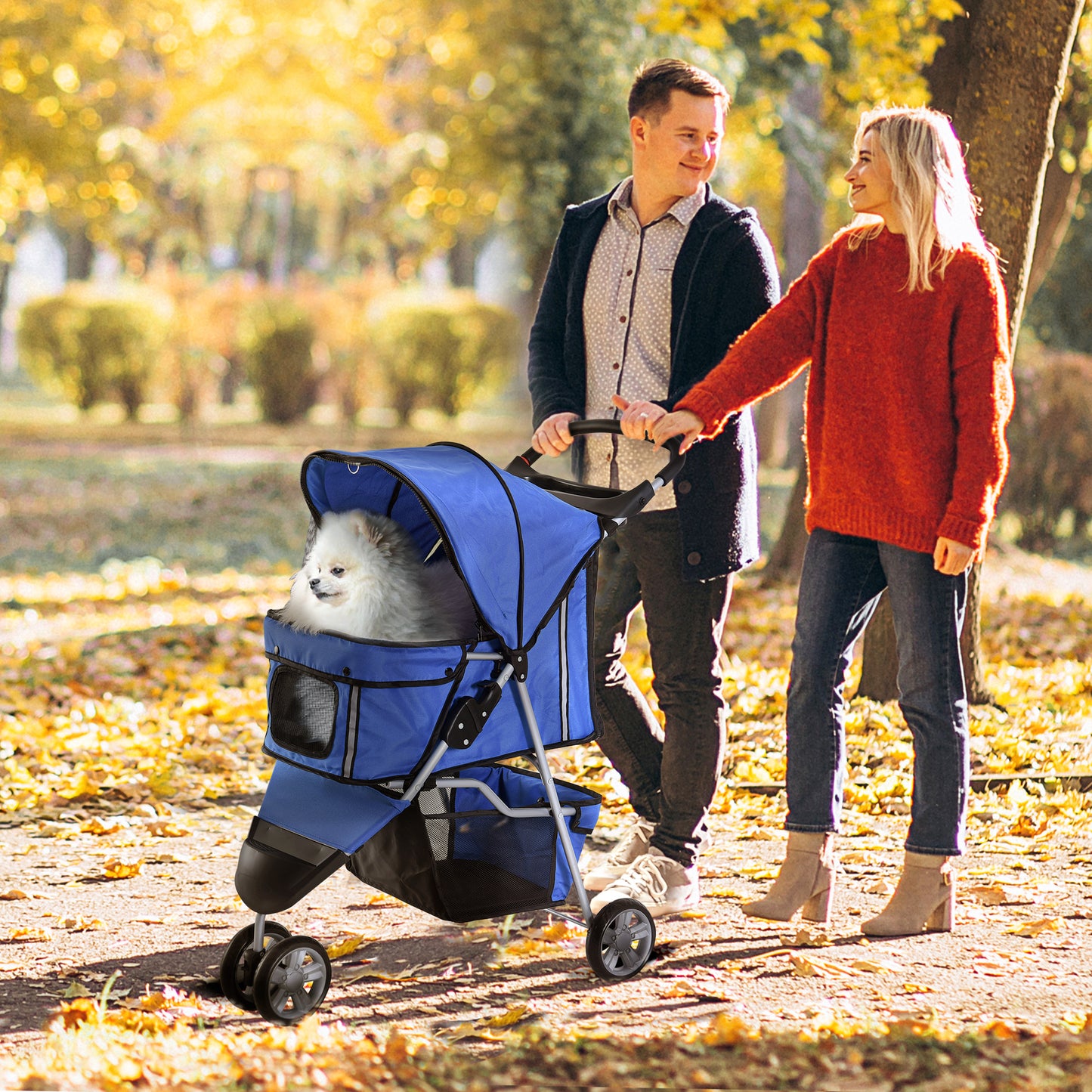Pet Travel Stroller Cat Dog Pushchair Trolley Puppy Jogger Carrier Three Wheels for Small Miniature Dogs(Blue)