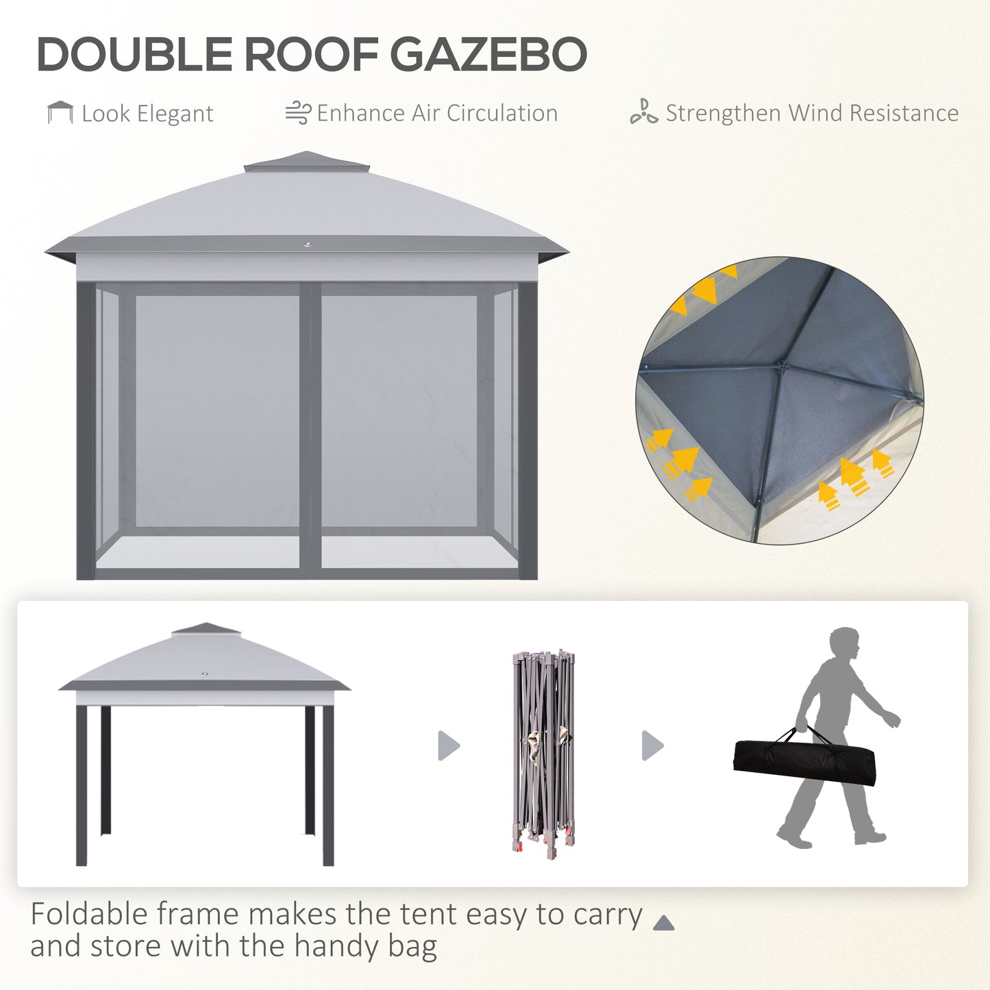 Outsunny 330cm x 330cm Pop Up Canopy, Double Roof Foldable Canopy Tent with Zippered Mesh Sidewalls, Height Adjustable and Carrying Bag, Event Tent for Patio Garden Backyard, Grey
