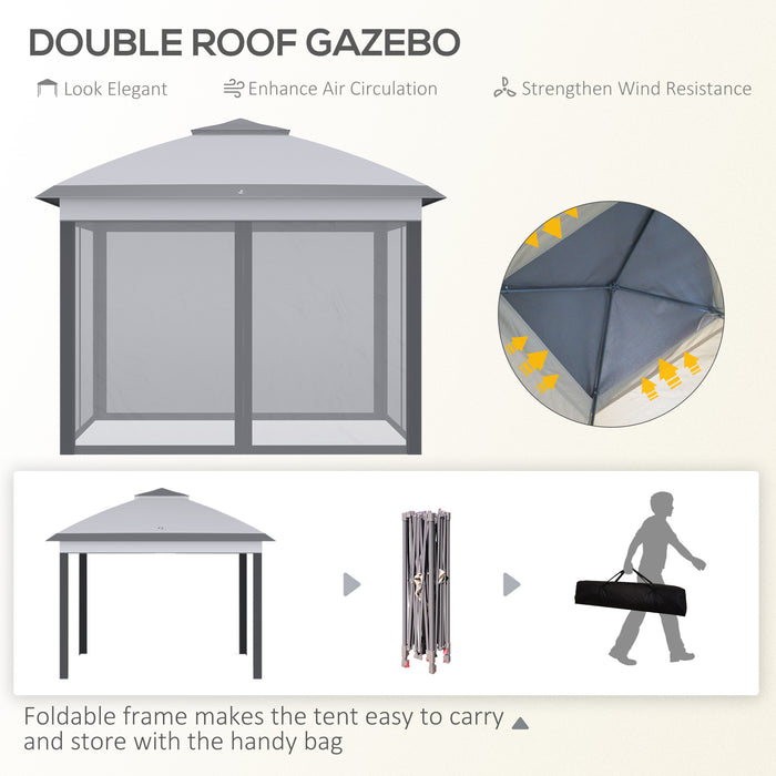 Outsunny 330cm x 330cm Pop Up Canopy, Double Roof Foldable Canopy Tent with Zippered Mesh Sidewalls, Height Adjustable and Carrying Bag, Event Tent for Patio Garden Backyard, Grey