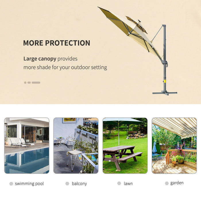 3m Cantilever Parasol w/ Solar Lights Power Bank Cross Base Adjustable Canopy 360° Spin Outdoor Garden Umbrella 2-Tier Roof Sun Shade Khaki