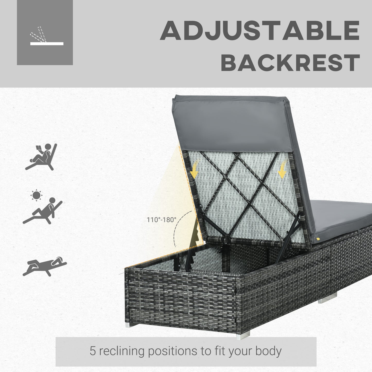 Rattan Sun Lounger Adjustable Garden Furniture Reclining Bed Chair Patio Wicker Grey